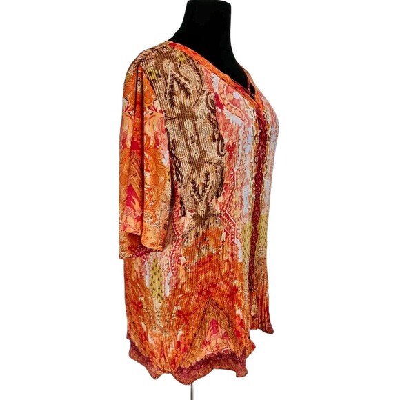 avenue Women Boho Tunic Top Plus Size 26/28 Plated Chiffon V-Neck Short SL 111A - Picture 2 of 7